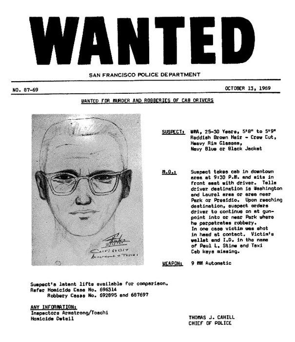 San Francisco Police Department wanted bulletin number 87-69,
                dated 13 October 1969, headed WANTED FOR MURDER AND ROBBERIES OF
                CAB DRIVERS. A single pencil drawing of a white man in
                rectangular glasses sits beside a typed suspect description and a
                paragraph describing the method.